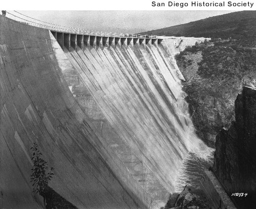 Close-up view of water flowing through the spillways at the Lower Otay Dam