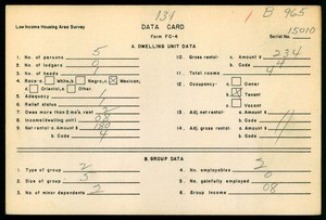 WPA Low income housing area survey data card 131, serial 15010
