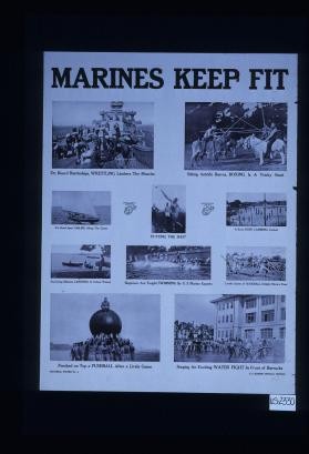 Marines keep fit. On board battleships, wrestling limbers the muscles. Sitting astride burros, boxing is a tricky stunt. It's great sport sailing along the coast. Putting the shot. A keen rope climbing context. Sea-going canoeing in Cuban waters. Beginners are taught swimming by U.S. Marine experts. Lively games of baseball delight marine fans. Perched on top a pushball after a lively game. Staging an exciting water fight in front of Barracks