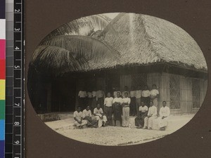 Printers outside mission press, Beru, Kiribati, 1913-1914