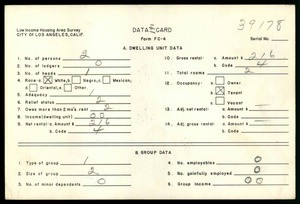 WPA Low income housing area survey data card 191, serial 39178