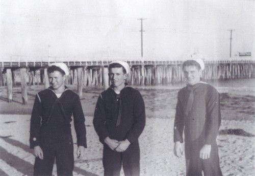 Bill Grace, Bob Gillies, and Frazier at Cowell Beach