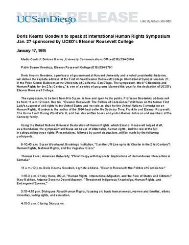 Doris Kearns Goodwin to speak at International Human Rights Symposium Jan. 27 sponsored by UCSD's Eleanor Roosevelt College