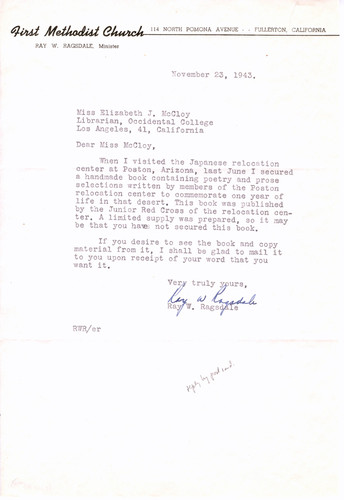 Letter from Ray W. Ragsdale, Minister, First Methodist Church, to Elizabeth McCloy, November 23, 1943