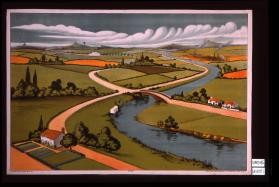 Poster depicting stylized aerial view of rural landscape