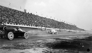 View of an automobile race at the Beverly Hills Race Track