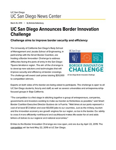 UC San Diego Announces Border Innovation Challenge