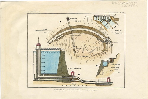 Thirteenth annual report by the U S geological survey. Sweetwater Dam, Plan Cross Section, and Details of Waste way, 1893