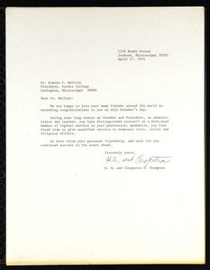 Thompson & Thompson, letter, 1974, to Mallory (Saints College)