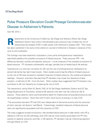Pulse Pressure Elevation Could Presage Cerebrovascular Disease in Alzheimer's Patients