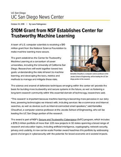 $10M Grant from NSF Establishes Center for Trustworthy Machine Learning