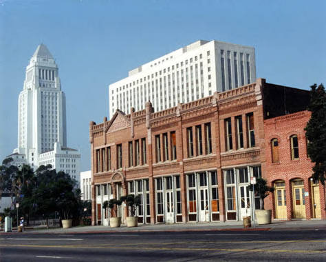 Garnier building on Los Angeles Street with City Hall in the background