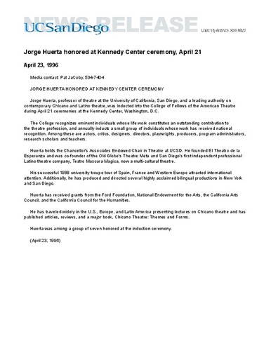 Jorge Huerta honored at Kennedy Center ceremony, April 21