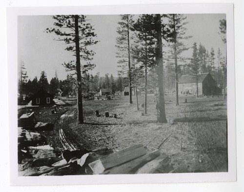 View of logging camp scene, chopped wood in foreground, buildings in background