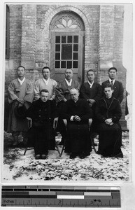 Reverends Gibbons and Coleman with Brother Raymond and catechists, Chungwha, Korea, ca. 1930-1950