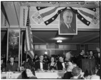 Los Angeles' Young Democrats' Club holds annual "Jackson Day" fundraising dinner, with speaker Gov. Dave Sholtz of Florida, at the Ambassador Hotel. January 8. 1936