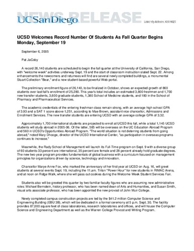 UCSD Welcomes Record Number Of Students As Fall Quarter Begins Monday, September 19