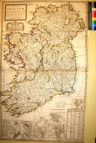 A new map of Ireland : divided into its provinces, counties and baronies wherein are distinguished the bishopricks, borroughs, barracks, bogs, passes, bridges &c. with the principal roads, and the common reputed miles according to the newest and most exact observations / by Herman Moll, Geographer