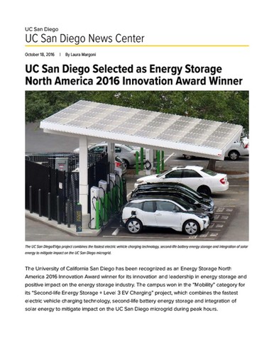 UC San Diego Selected as Energy Storage North America 2016 Innovation Award Winner