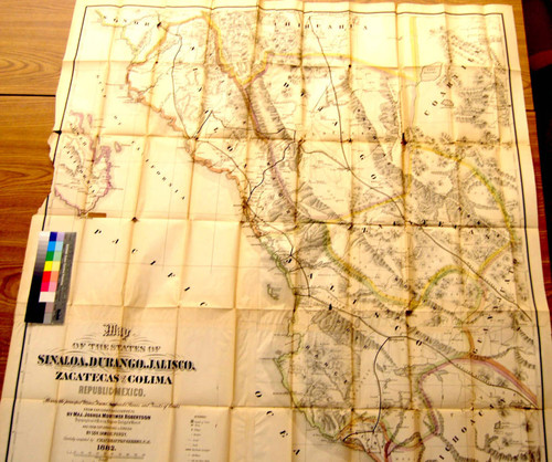 Map of the states of Sinaloa, Durango, Jalisco, Zacatecas and Colima, Republic of Mexico : showing the principal mines, towns, railroads, rivers and tracts of land / from explorations and surveys by Maj. Joshua Mortimer Robertson, topographical and mining engineer, geologist and chemist ; and from explorations in Sinaloa by Gov. Samuel Purdy ; carefully compiled by Chas. Drayton Gibbes, C.E