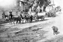 Four-horse drawn wagon carrying a lifeboat on Bodega Bay road in front of the Hotel, about 1908