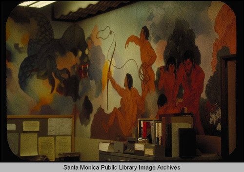 Stanton Macdonald Wright murals in the Santa Monica Public Library (503 Santa Monica Blvd.) installed August 25, 1935 : primitive man casting a noose and discharging an arrow at a dragon