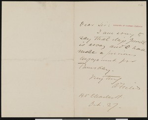 Annie Adams Fields, letter, to Mrs. James T. Fields