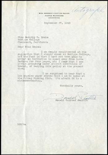 Donald Culross Peattie letter to Dorothy Drake, 1943 September 27