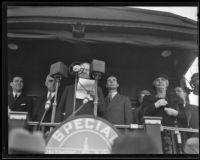 Herbert Hoover delivers speech from train, Los Angeles, ca. 1928
