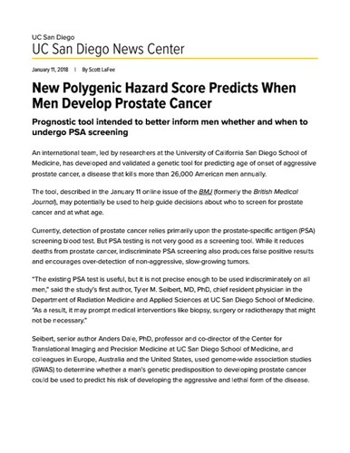 New Polygenic Hazard Score Predicts When Men Develop Prostate Cancer