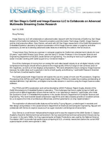 UC San Diego’s Calit2 and Image Essence LLC to Collaborate on Advanced Multimedia Streaming Codec Research