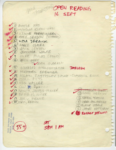 Open Mike Night, Signup Sheet, 16 September 1987