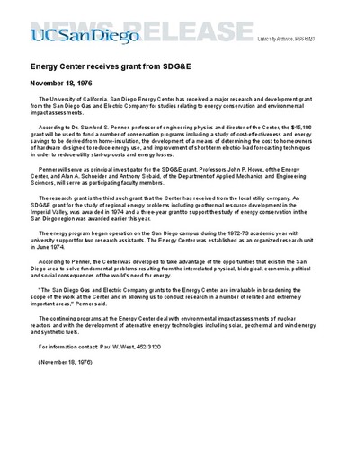 Energy Center receives grant from SDG&E