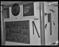 USF Constitution onboard museum exhibit of the brig, hand cuffs, leg irons and whip, San Pedro, 1933