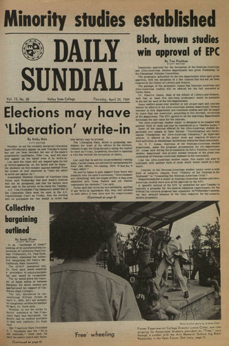 Daily Sundial front page declares "Minority studies established" at Valley State (now CSUN), April 24, 1968