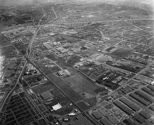 Aerial view of Vail Field and Central Manufacturing District, looking southeast