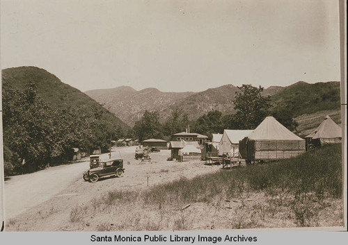Assembly Camp buildings including the cafe, meat market, and grocery in Temescal Canyon, Calif