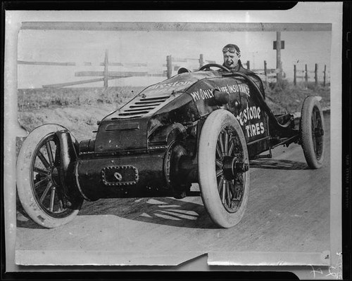 Santa Monica Road Races, Barney Oldfield in race car, Santa Monica, 1911-1914, rephotographed 1950