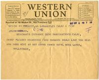 Telegram from Joseph Willicombe to Julia Morgan, October 6, 1927