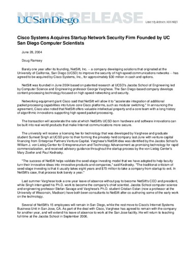 Cisco Systems Acquires Startup Network Security Firm Founded by UC San Diego Computer Scientists