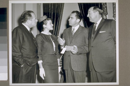 Senator Kuchel [left] and Vice President [Richard] Nixon [second from right] with the 1960 Maid of Cotton