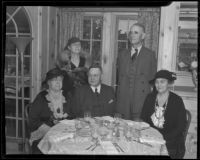Agnes Fredericks and Queen Walker Boardman, officials of a luncheon sponsored by the Civic Beautification Committee, along with John D. Fredericks, W.W. Orcutt, and Pearl Chase, Van Nuys, 1936