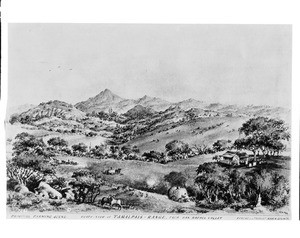 Drawing by Edward Vischer depicting a view of the Tamalpais Range as seen from the San Rafael Valley looking north, ca.1860