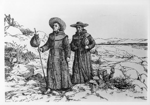 Drawing by Alexander F. Harmer depicting Franciscan Missionaries walking through the hills