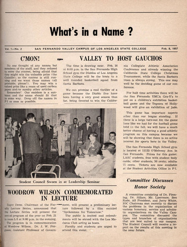 Unnamed campus newspaper for the San Fernando Valley campus of Los Angeles State College (now CSUN), February 8, 1957