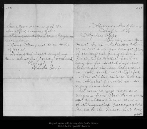 Letter from [Annie] Wanda Muir to [John Muir], 1896 Aug 11
