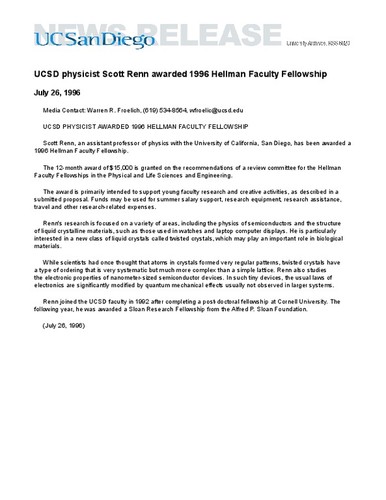 UCSD physicist Scott Renn awarded 1996 Hellman Faculty Fellowship