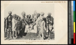 Fakir sitting with disciples, Cawnpore, India, ca.1920-1940