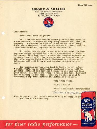 Moore and Miller Television promotional letter, circa early 1950s