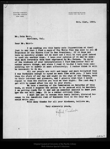 Letter from Gifford Pinchot to John Muir, 1896 Oct 21